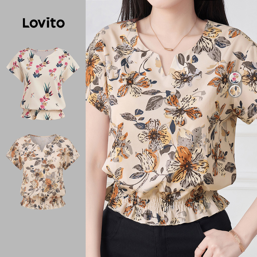 Lovito Férias Blusa com Padrão de Smocked de Primavera/verão para Mulheres L183A