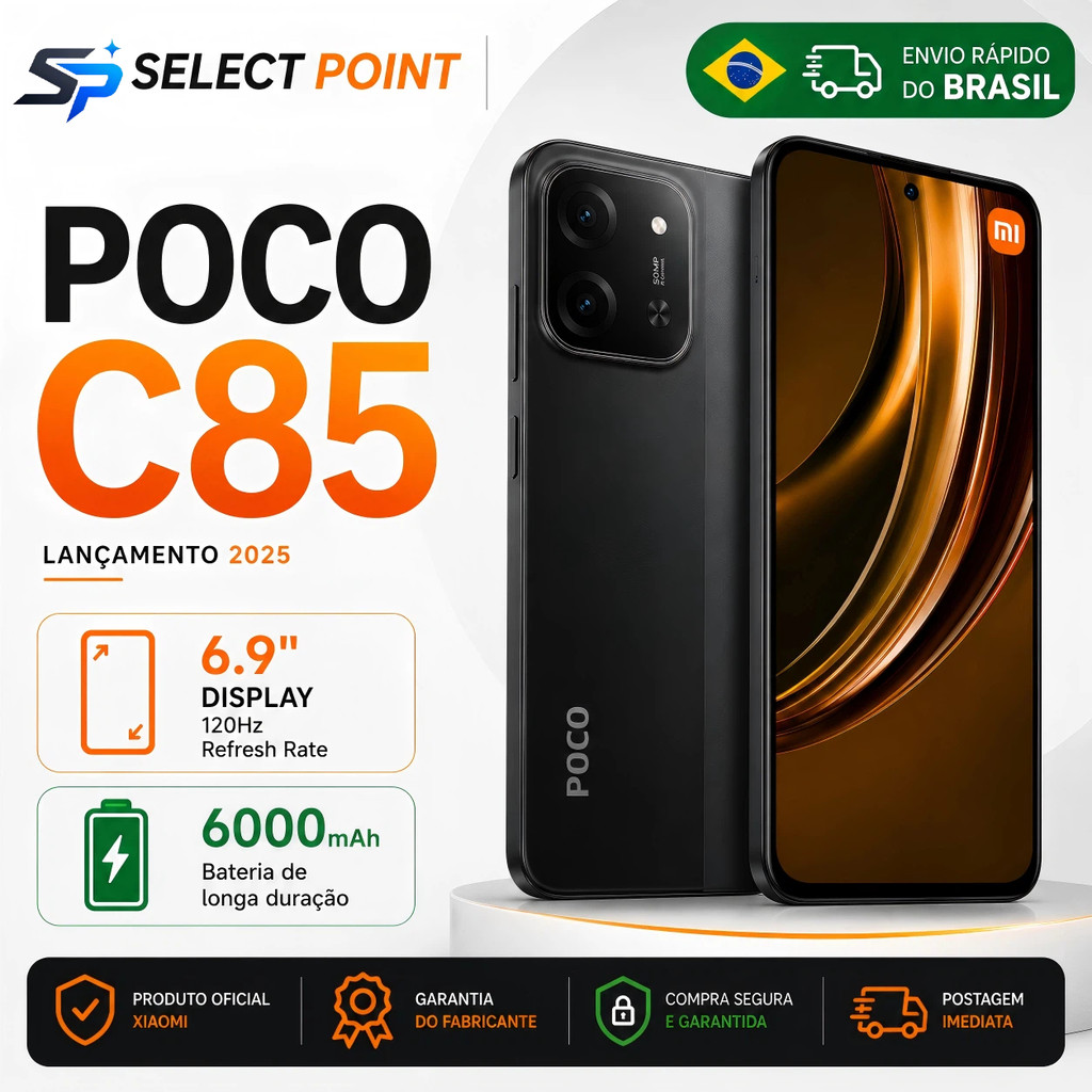 Xiaomi Poco C85 4G 128GB+6GB Smartphone Tela 6.9" 120Hz Bateria 6000mAh Dual SIM