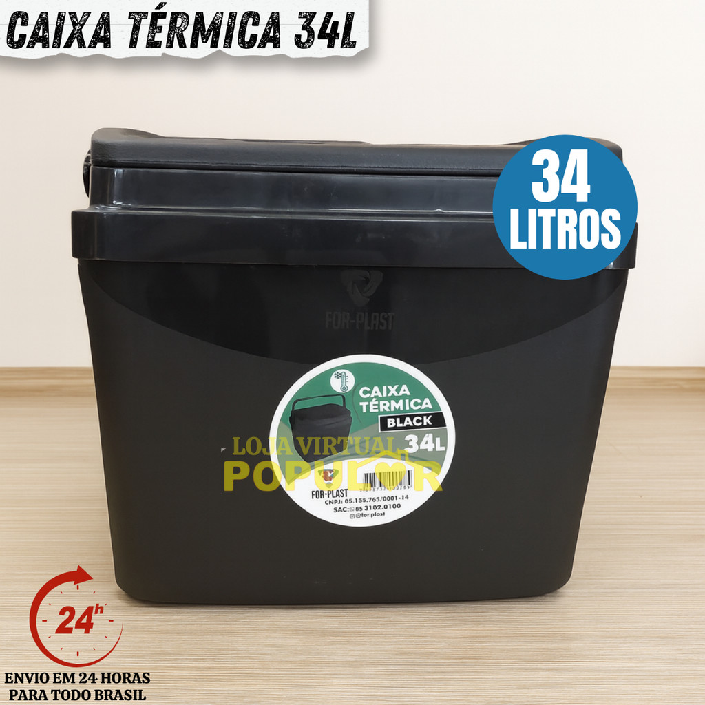 Caixa Térmica Black 34 Litros  Cooler Resistente  Com Alça  Porta Copos Praia Camping