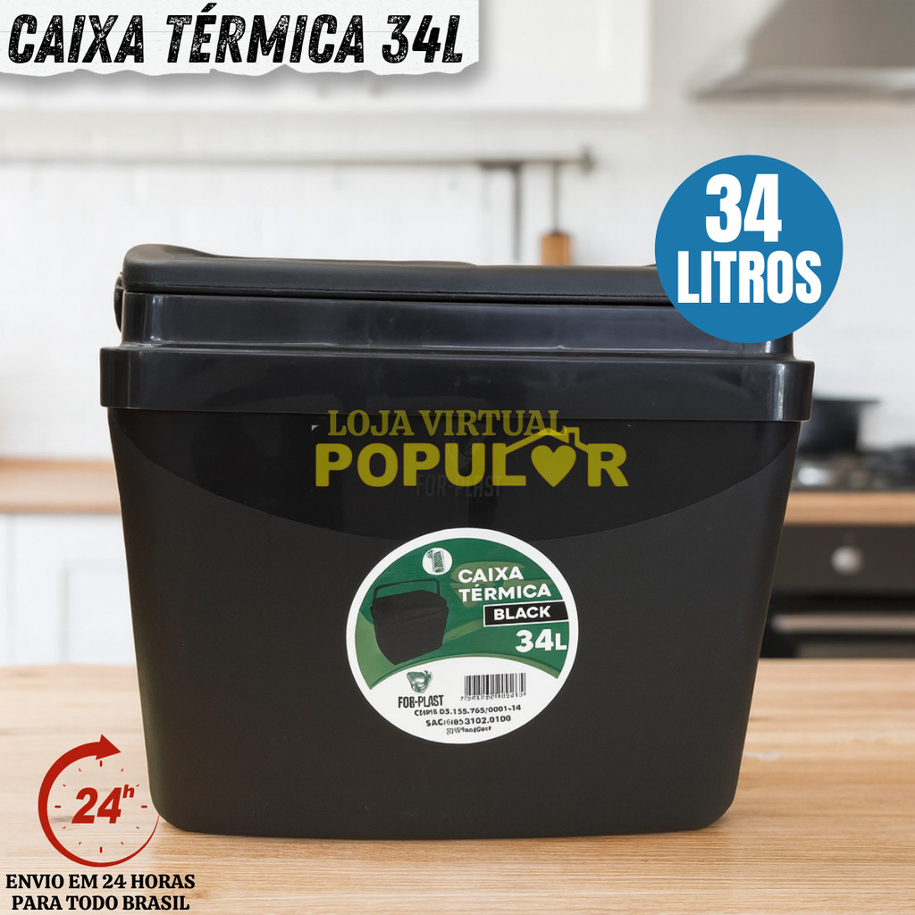 Caixa Térmica  Cooler Resistente  Praia Camping Com Alça 34 Litros Black Porta Copos