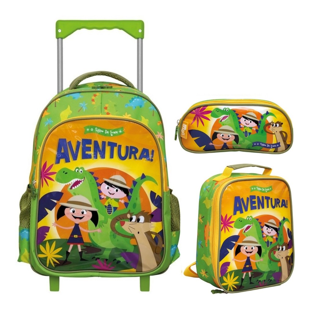Kit Mochila Escolar de Carrinho Infantil + Lancheira + Estojo O Show da Luna Sauro Rex
