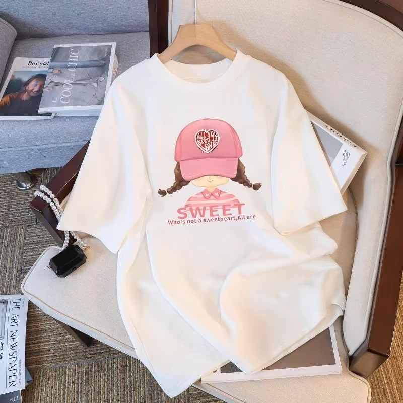 Camiseta, Coreanas Bonitinho Estampa Blusa Camisa Sweet menina de boné super confortável manga curta