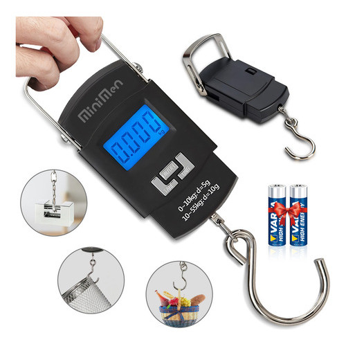 Balança Portátil Para Mala Bagagem Viagem Peixe 50kg Digital Preto Com Pilhas