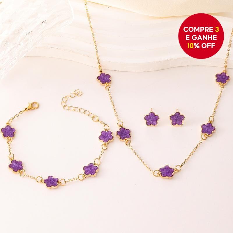 Conjunto De Joias De Trevo De 5 Folhas Da Sorte Feminino 3 Peças Colar Brincos Pulseira Presente