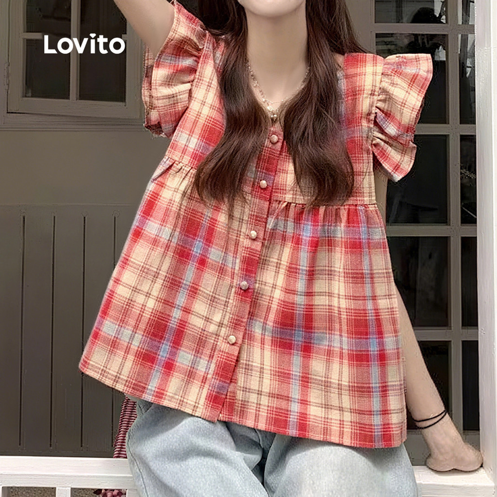Lovito Xadrez Blusa Casual Vermelha Com Botões E Babados Para a Primavera/verão Para Mulheres L151AD303 · foto 2