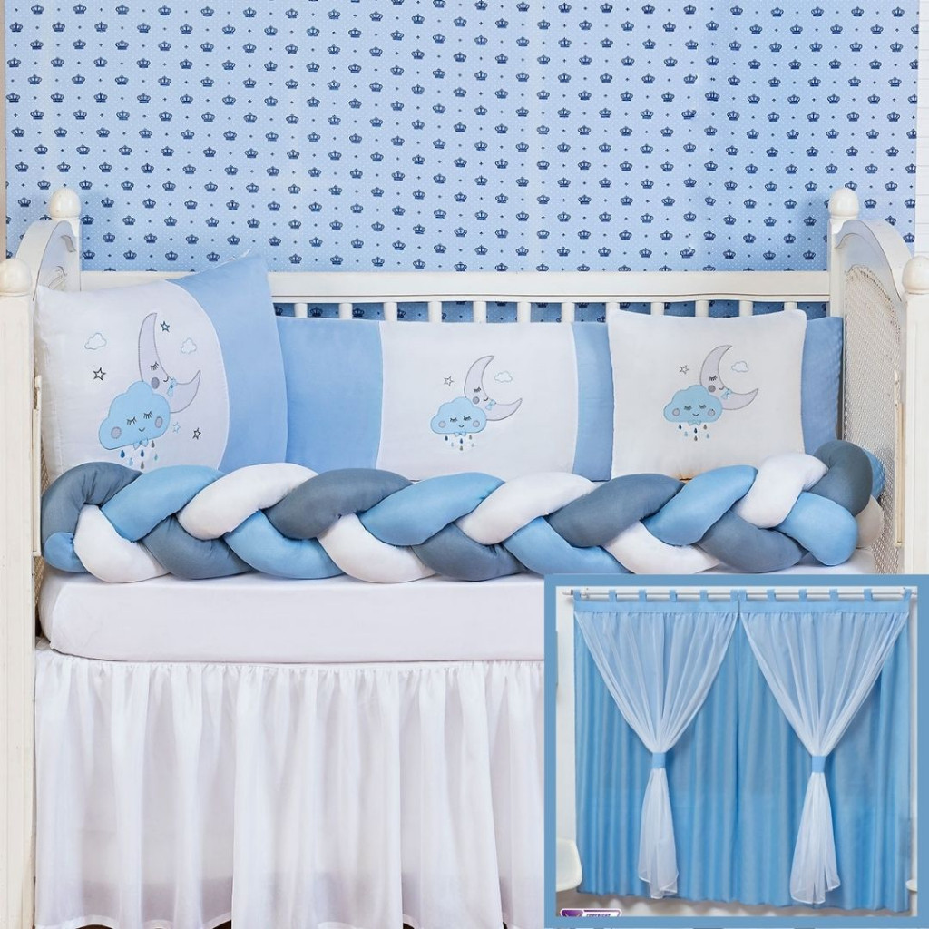 Kit Berço Nuvem Azul Trança + Cortina Tema Novidade Premium Baby