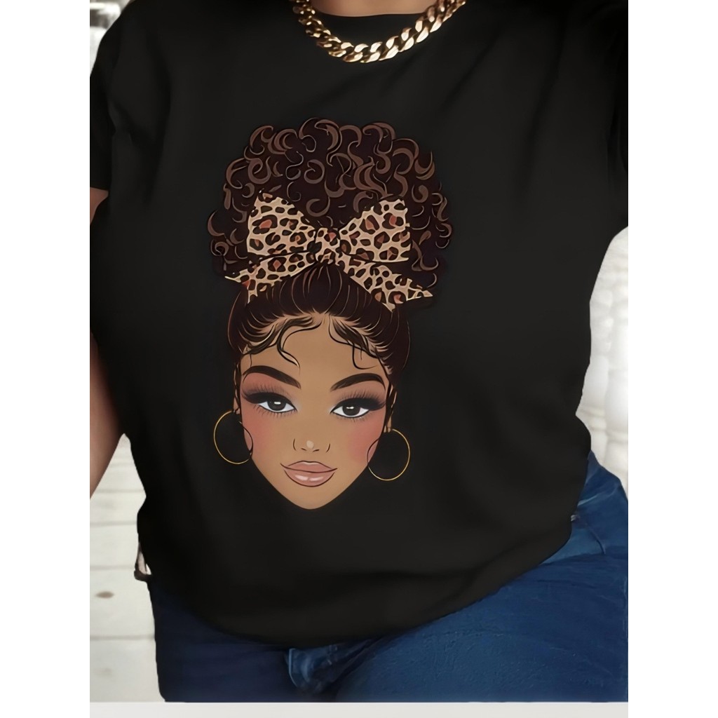 Bonito Camiseta Feminina Casual Confortável E Versátil De Algodão Com Laço Estampado Animal E Estampa De Personagem