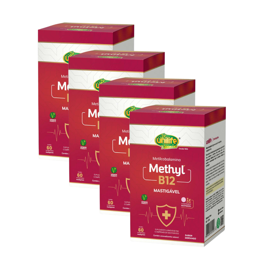 Kit 4 Un - Vitamina B12 Methyl Morango 60 Comprimidos Mastigáveis Unilife