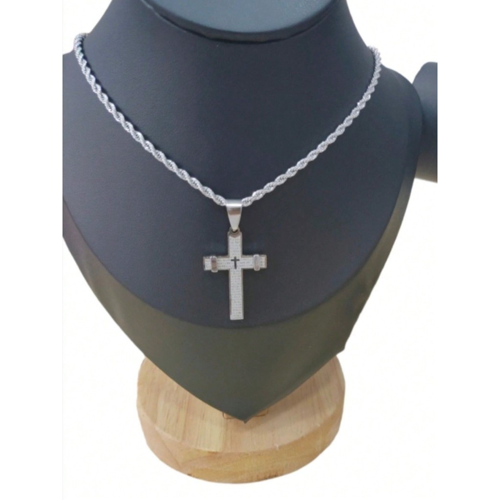 Correntes + pingente CRUZ PAI NOSSO aco inox PRATEADO  Moda Tendencia