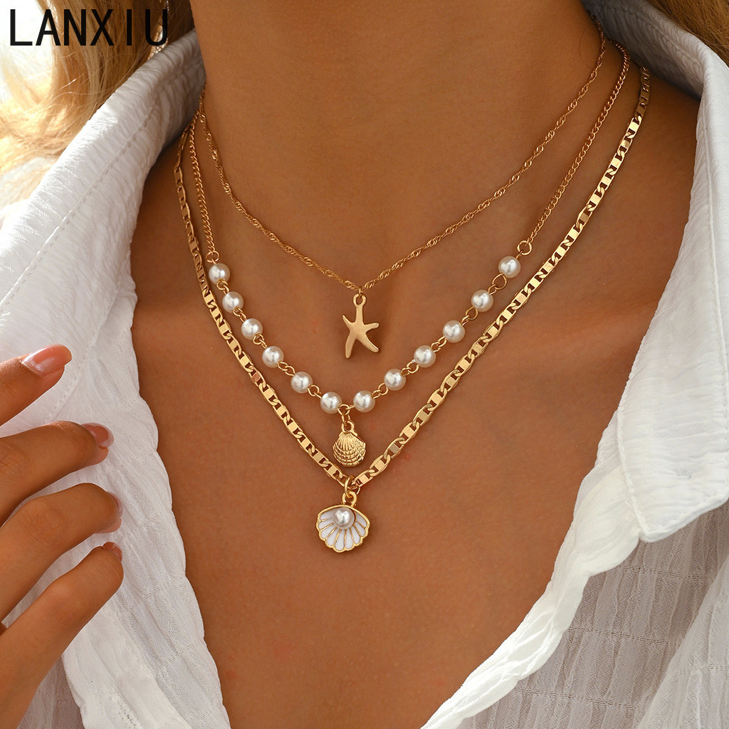 ‌ LANXIU Boho Estrela Do Mar Concha Pérola Em Camadas Colar Conjunto Praia Jóias Feminino Ajustável Chique Acessório Pre