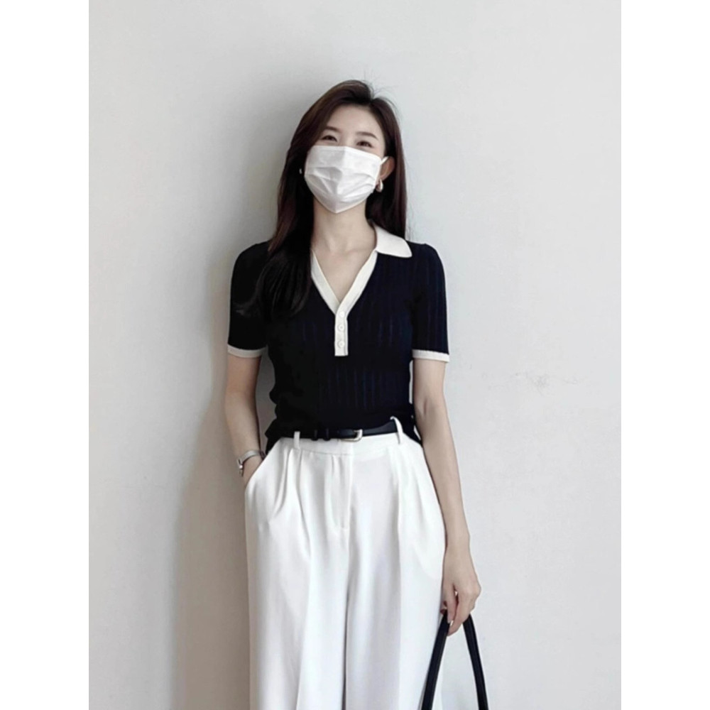 Camisa polo de seda gelo com decote em v de malha de manga curta camiseta feminina verão novo produto fino ajuste francê