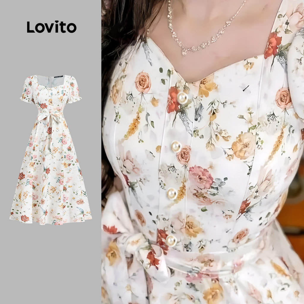 (NEW) Lovito Vestido Romântico de Renda com Botões Na Frente para Primavera/verão para mulheres L154ED1169 em Oferta na Shopee