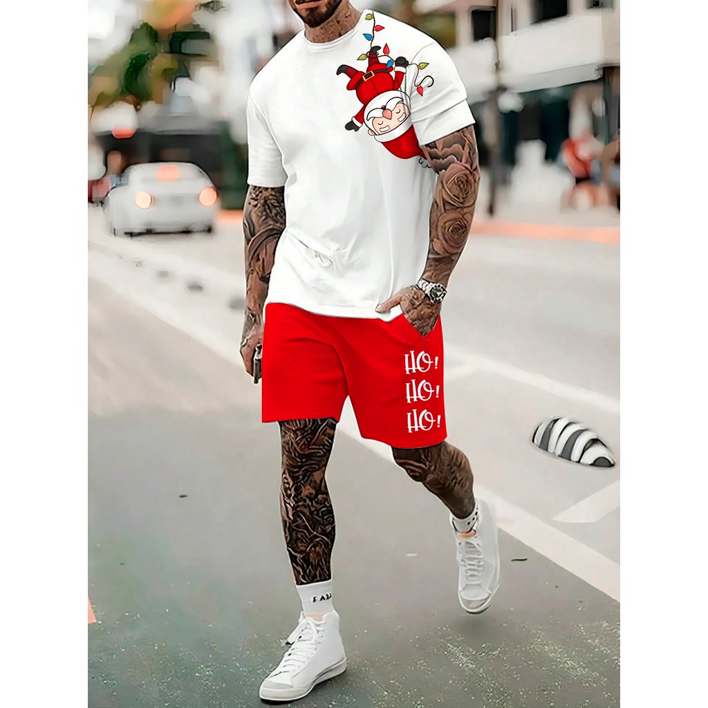 Conjunto Masculina Bermuda Camiseta 100% Algodão Estampados Natal Blusa Fio Penteado 30.1.