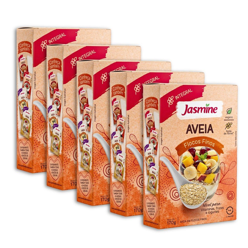 Kit 5un Caixa Aveia 170G Em Flocos Finos Integral Jasmine em Oferta na Shopee