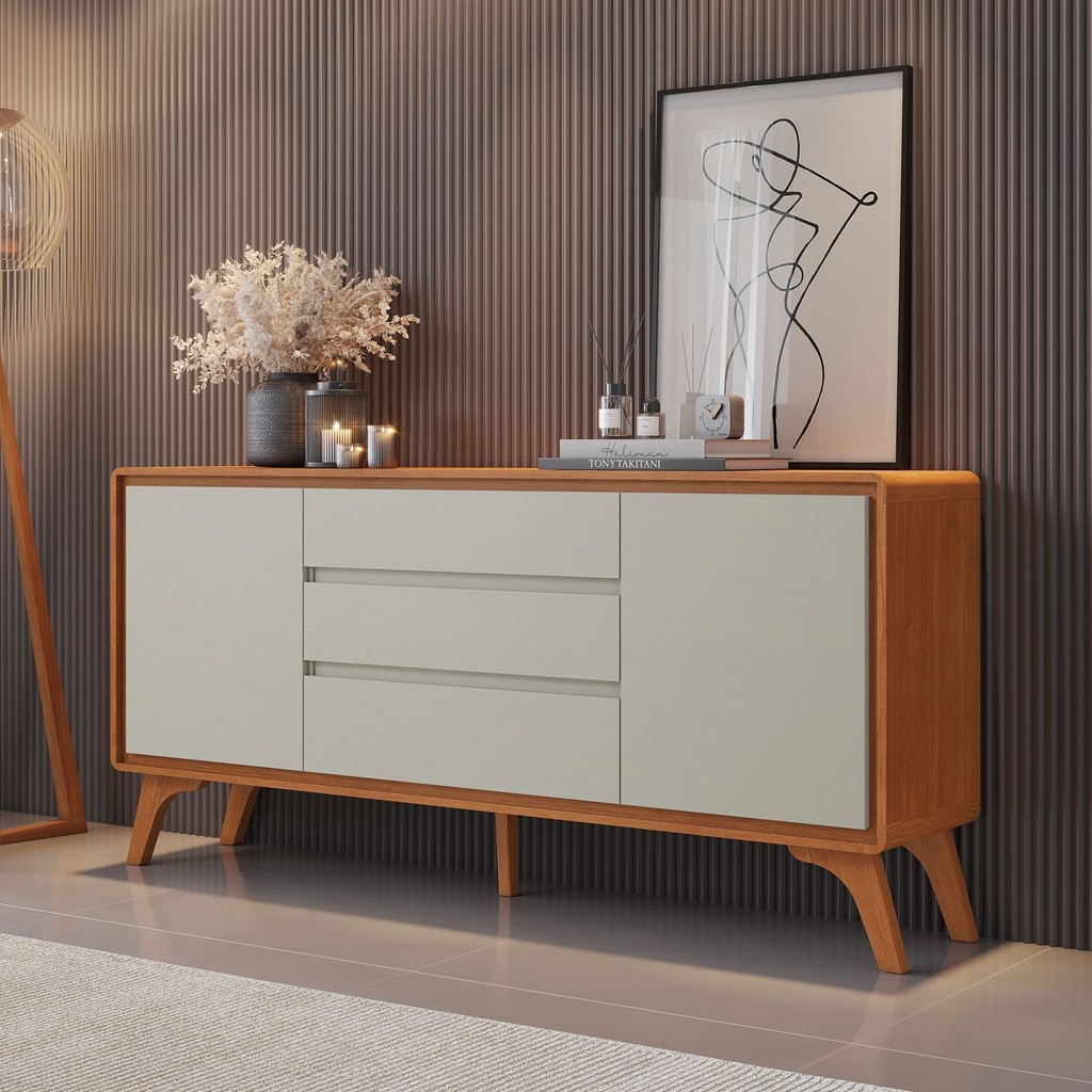 Buffet 2 Portas 3 Gavetas 165cm Pés em Madeira Maciça Ares Naturalle/Off White em Oferta na Shopee
