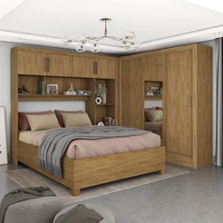 Guarda-Roupa Casal Modulado 4 Portas com Cama Santiago 3 Portas com Espelho 5 Gavetas Marrom/Cinamomo Cinamomo