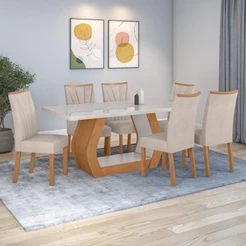 Conjunto Sala de Jantar Mesa Easy Tower 170x90cm MDF/Vidro com 6 Cadeiras Confort Tecido Boucle Bege Amendoa/off White