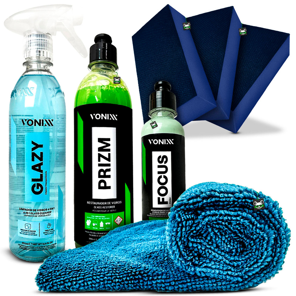 Kit Descontaminação Limpa Vidros Remove Chuva Ácida Focus + Glazy + Prizm + 3 Tacos + Toalha Vonixx