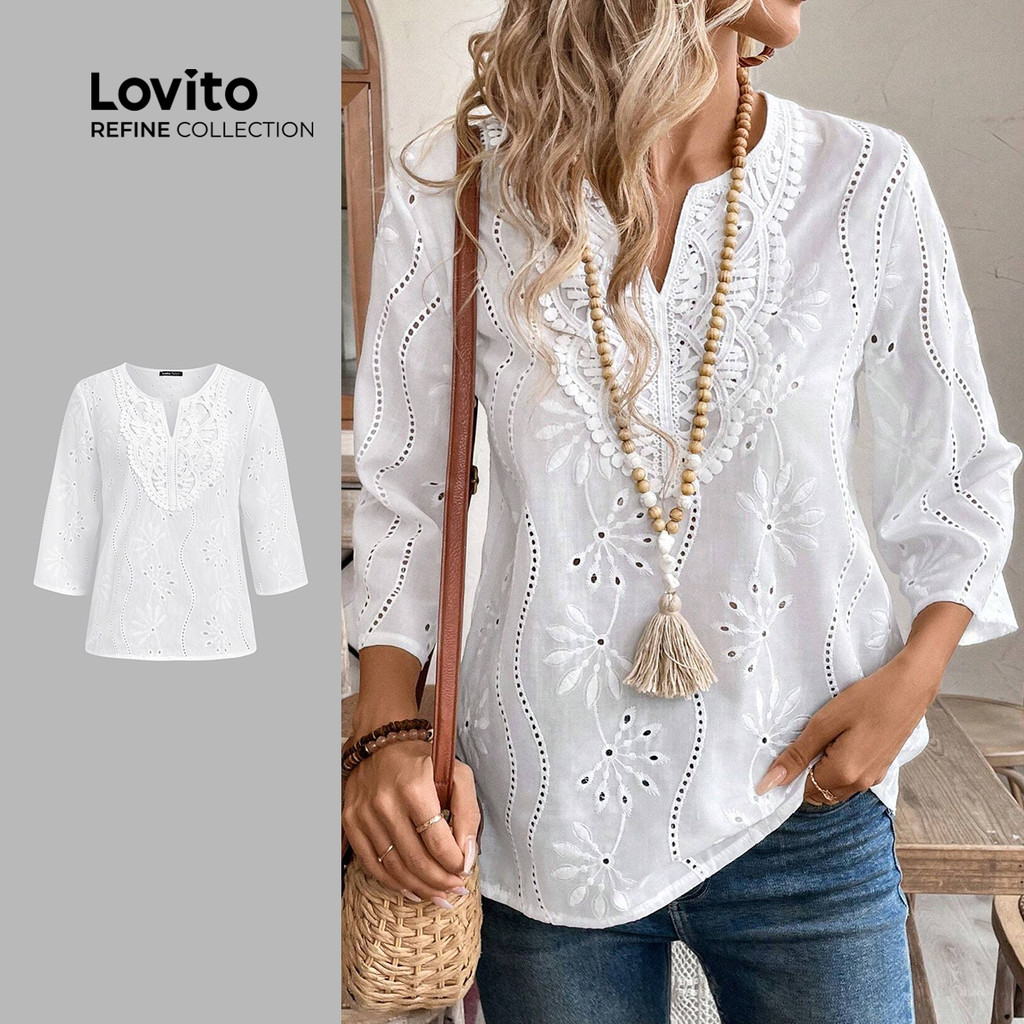 (Lovito Refine) Blusa Casual Lisa Com Bordado De Ilhós E Renda Branca Para Mulheres LR11LD064 em Oferta na Shopee