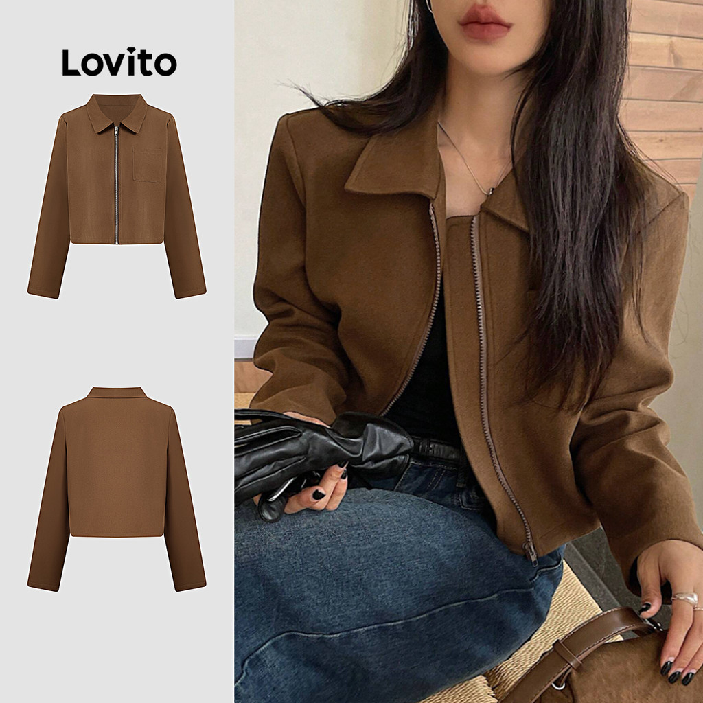 (NEW) Lovito Jaqueta Casual com Zíper Primavera/verão Marrom para mulheres L154ED065 em Oferta na Shopee