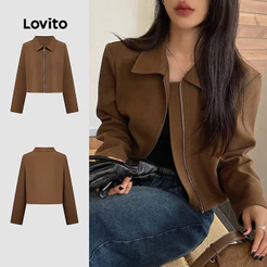 (Casual) Lovito Jaqueta Com Zíper Primavera/Verão Cropped Marrom Para Mulheres L154ED065