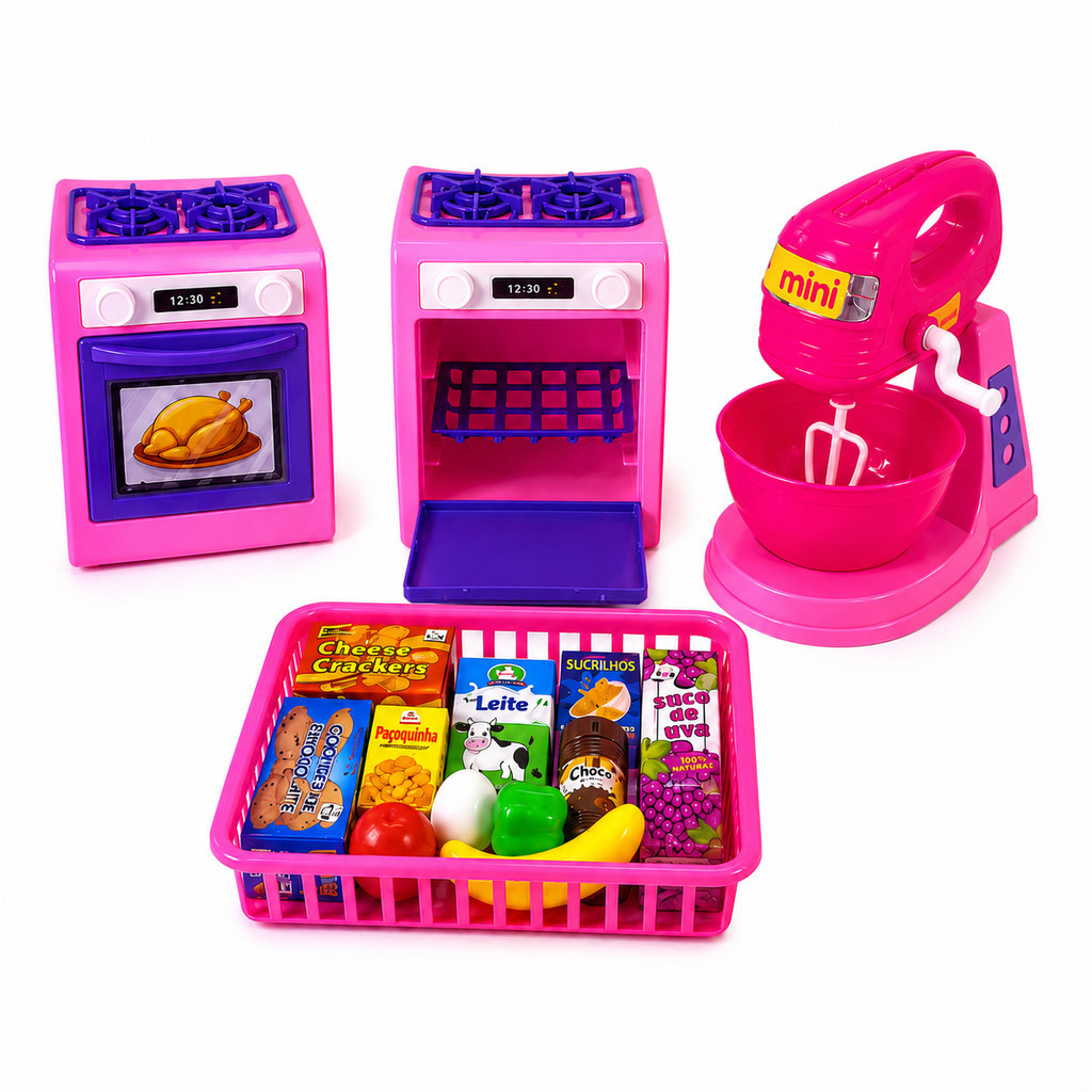 Kit Cozinha Brinquedo Infantil 16 Peças Modelo Novo Faz de Conta Fogão Batedeira Comidinhas Panelinhas Menina