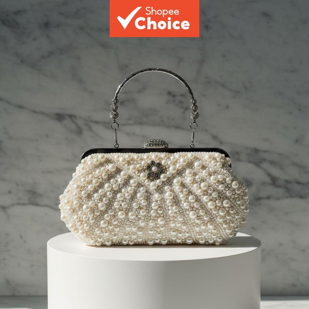 Bolsa de mão bordada artesanalmente elegante para mulheres, design com pérolas artificiais e miçangas, bolsa de festa
