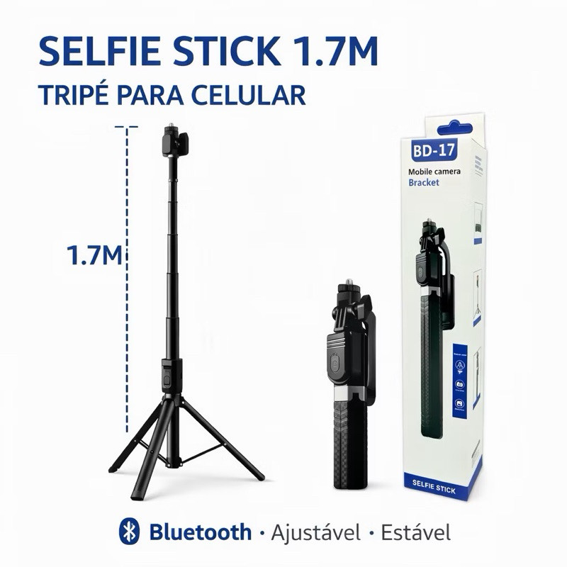 Pau de Selfie 1,7m com Tripé Bluetooth Controle Remoto Bastão Selfie para Celular Foto Vídeo Live-envio rápido