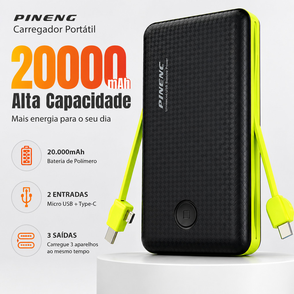 Power Bank 20000mAh Carregador Portátil com Cabo Embutido USB Tipo C e Lightning