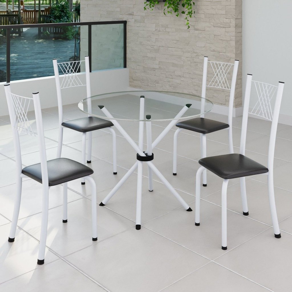 Conjunto de Jantar Mesa Tampo Redondo de Vidro Incolor com 4 Cadeiras Sara Yescasa Branco/Preto Liso