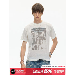 BLAEXIT Retro Angustiado Lavado Impresso slimfit Slim-fit Ombro Camiseta de Manga Curta Homens Mulheres Casual Solto