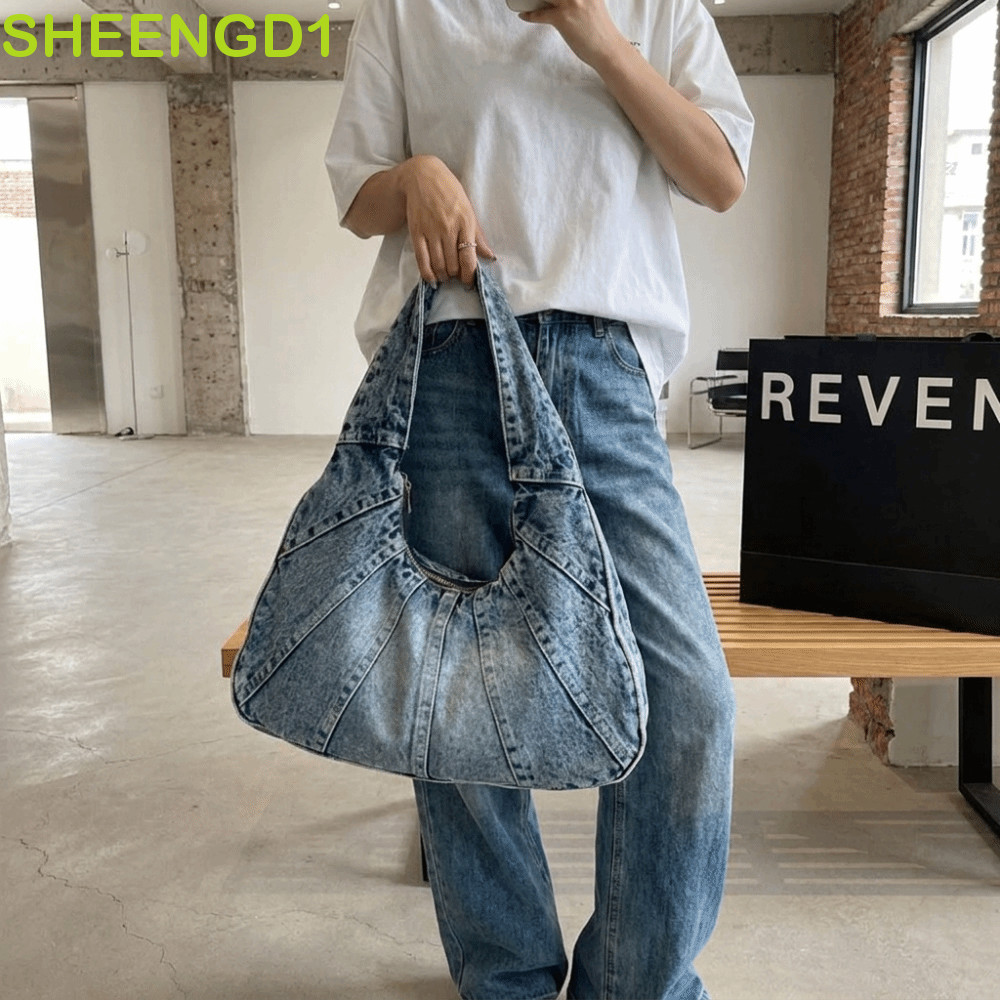 SHEENGD1 Bolsa De Ombro Jeans Lavada , Design Minimalista De Grande Capacidade , Sacola De Retalhos Com Zíper Suave