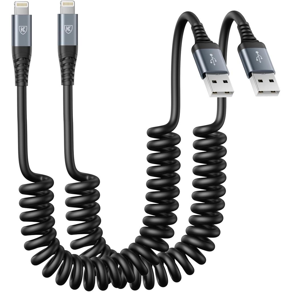 Cabo Lightning Enrolado, Cabo de Carregamento de 3FT para Carro, Pacote com 2 [Certificado pela Apple MFi] Cabo Lightnin