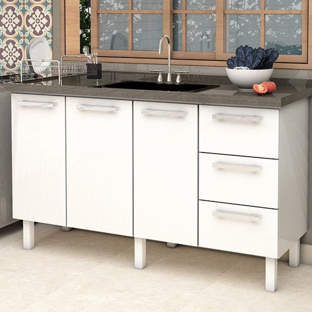 Balcão para Pia de Cozinha 150cm 3 Portas 3 Gavetas Vênus Yescasa Branco 144