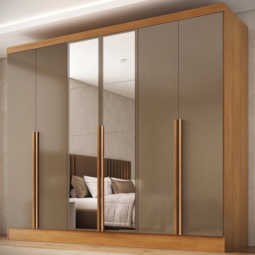 Guarda-Roupa 100% MDF 6 Portas 3 Gavetas com Espelhos Lisboa Yescasa Bege/Cinamomo/Cappuccino Cinamomo/Cappuccino