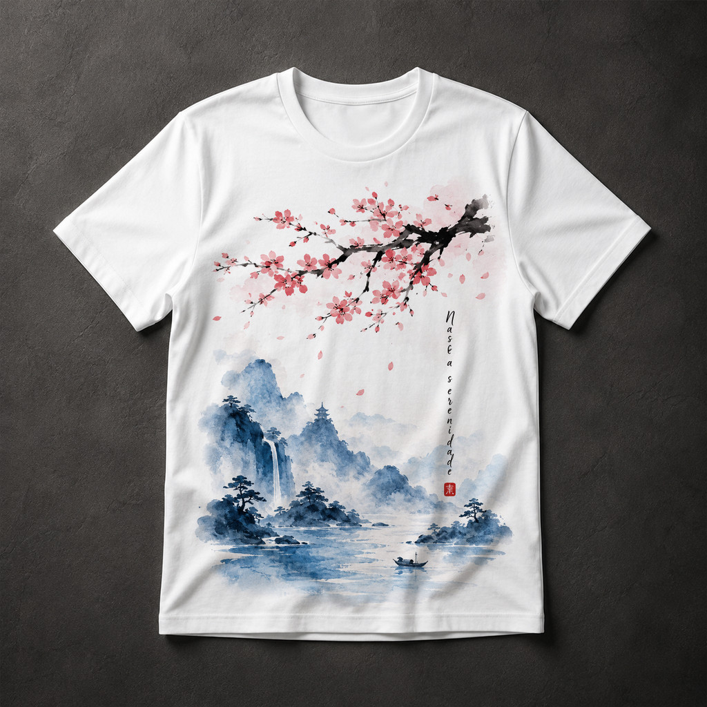 Camiseta Masculina Cerejeira Japonesa Aquarela Paisagem Oriental Zen Sakura Arte