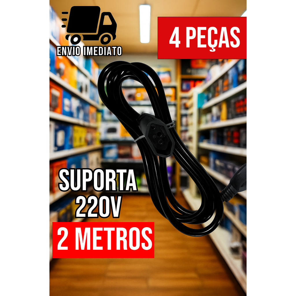 Kit 4 Prolongador Preto Extensão Elétrica e  Extensor de Cabo 2 Metros Bivolt 110v e 220v
