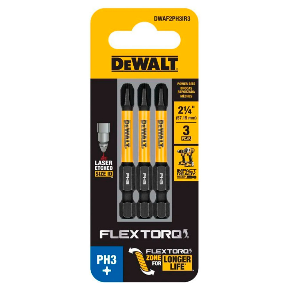 Kit com 3 Bits Phillips de Impacto PH3 x 50mm Flextorq DeWalt DWAF2PH3IR3