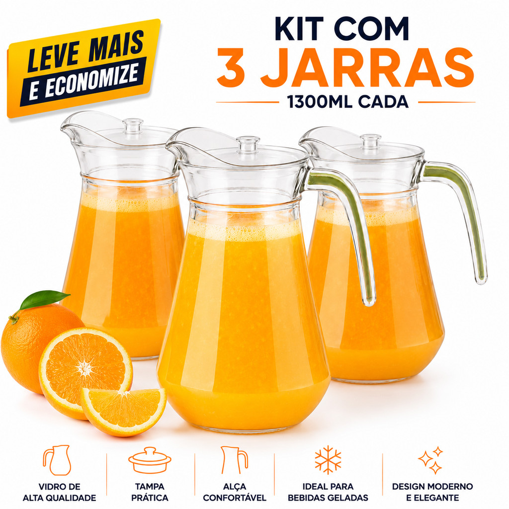 Jogo 3 Jarra De Suco Vidro com Tampa Garrafa Agua Refrigerante Bebidas Geladeira Bonita Luxo