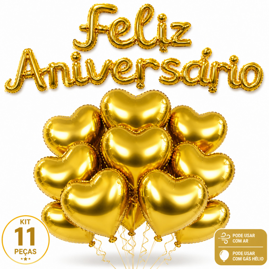 Kit Festa Dourado Faixa Feliz Aniversário + 10 Balões Coração 10Pol 25CM Metalizado Decoração Luxo