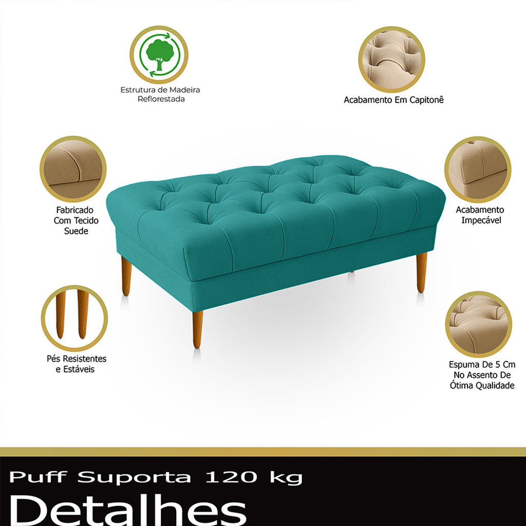 Puff Retrô Luiz XV Capitonê Retangular 120 cm Estofado Decorativo Sala de Estar Suede Azul Turquesa