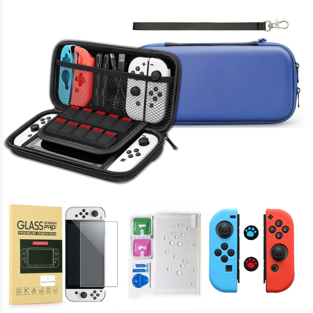 Kit Acessórios Bolsa Azul Película Capa Protetora Nintendo Switch OLED