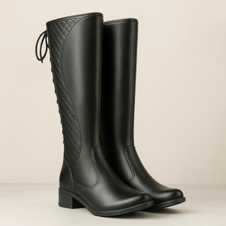 Bota Feminina Montaria Cano Alto Salto Baixo Design Sofisticado Em Couro Ecológico Resistente