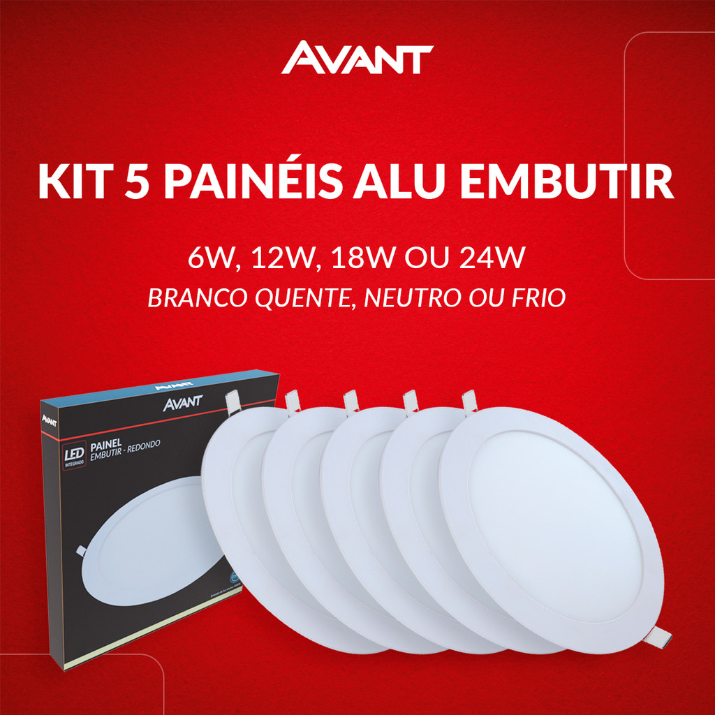 Kit 5 Painel Led Aluminio Redondo Embutir 6w 12w 18w 24w Branco Quente/Neutro/Frio 110v/220v Bivolt Branco Avant em Oferta na Shopee