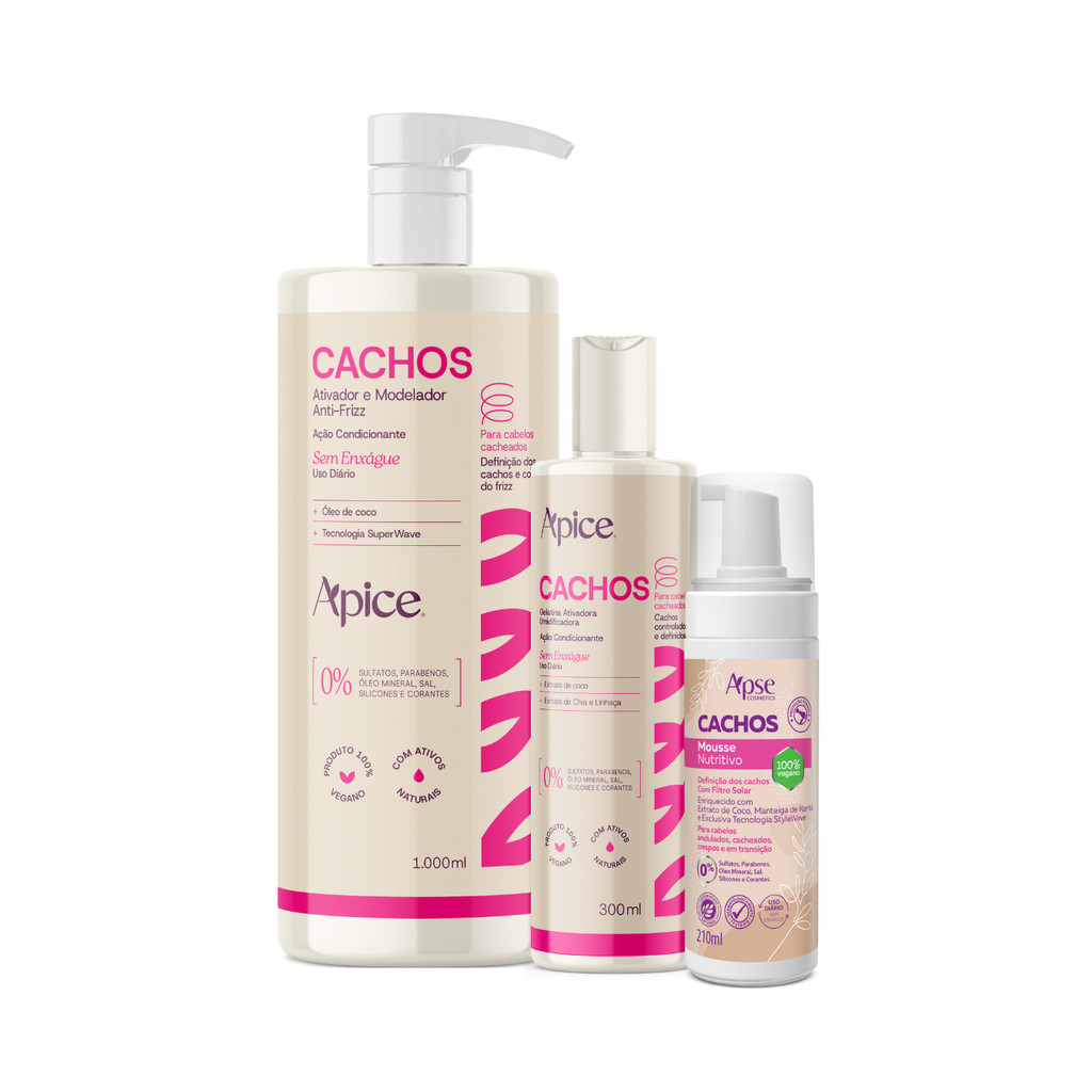 Kit Ativador 1L, Gelatina e Mousse Cachos Nova Fragrância - Ápice