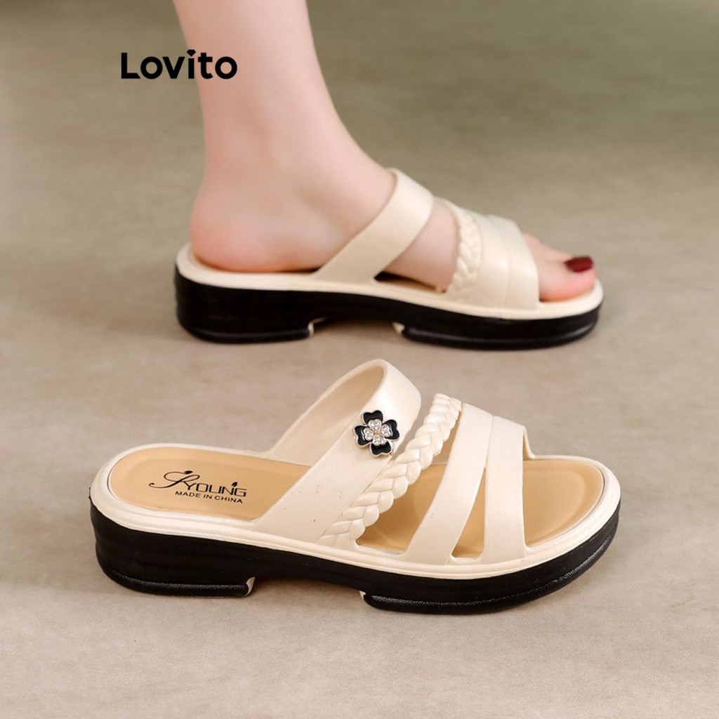 Lovito Casual simples usar fora antiderrapante versátil chinelos preguiçosos sandália plana para mulheres LFA71159 em Oferta na Shopee