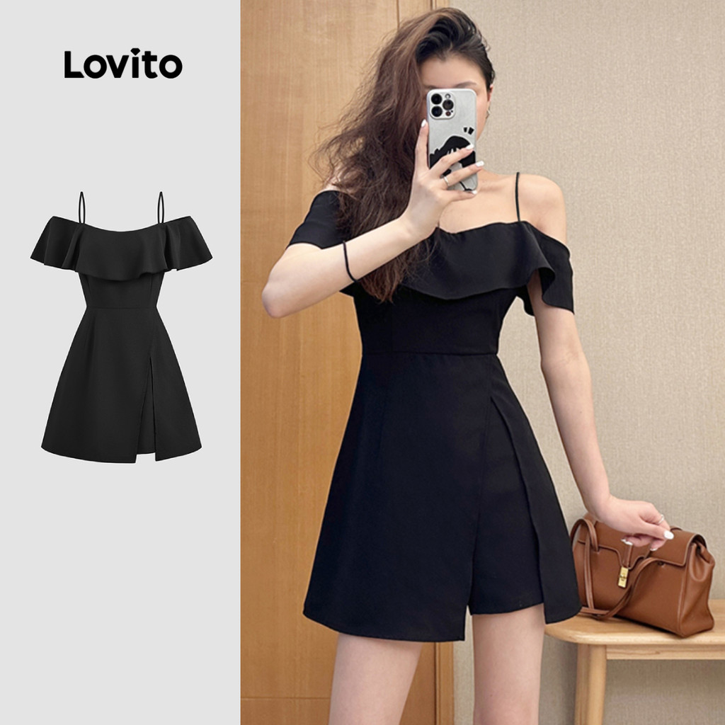 Lovito Macacão Casual Preto Com Babados Em Camada Dupla Primavera/verão Para Mulheres L149ED109