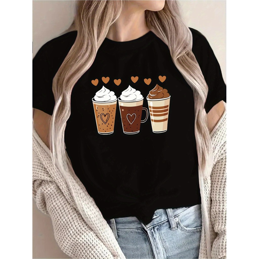Camiseta Feminina Plus Size Camiseta Café Estampada Unissex Shirt Oversized 100% Algodão