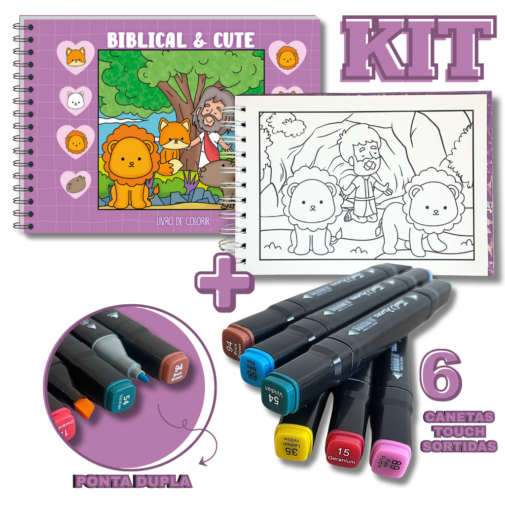 KIT com Livro de Colorir Bíblico Biblical e Cute + 6 Canetas Touch Pontas Duplas Sortidas