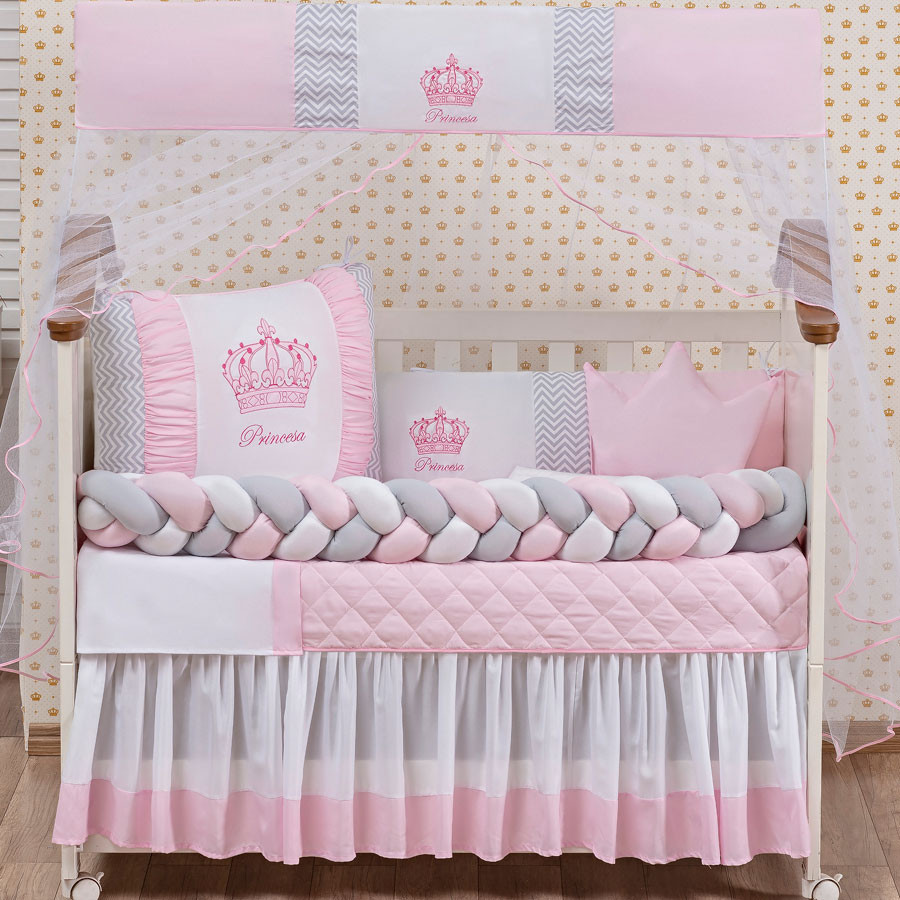 Kit Berço Coroa Trança 11 Peças Enxoval Completo Bebê Quarto Infantil Almofadas Mosquiteiro Protetor Conforto Decoração